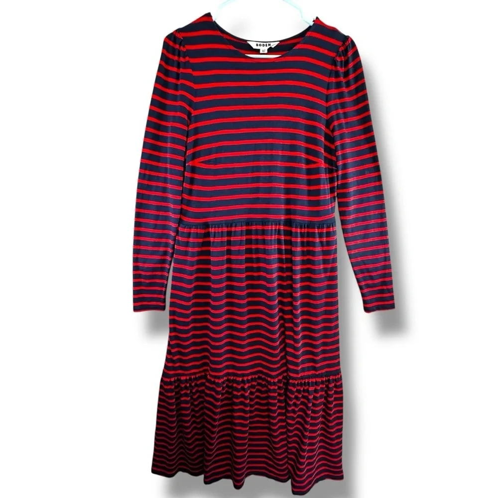 Boden Emma Red Blue Striped Long Sleeve Midi Dress Size 6 US Pockets EUC